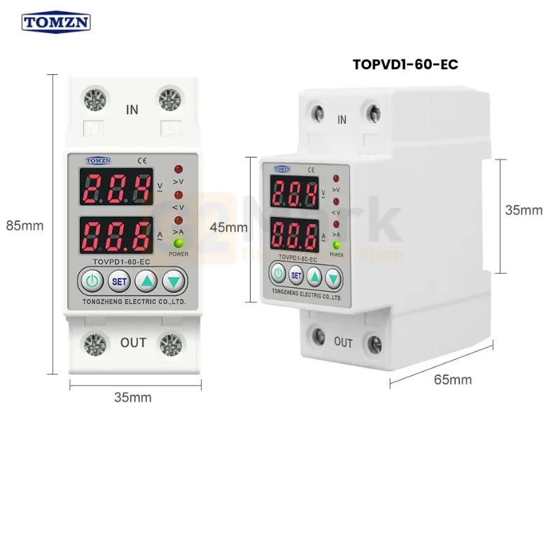 60A Din Rail 230V Adjustable Over/Under Voltage & Over Current Protector Relay – TOMZN TOVPD1-60-EC