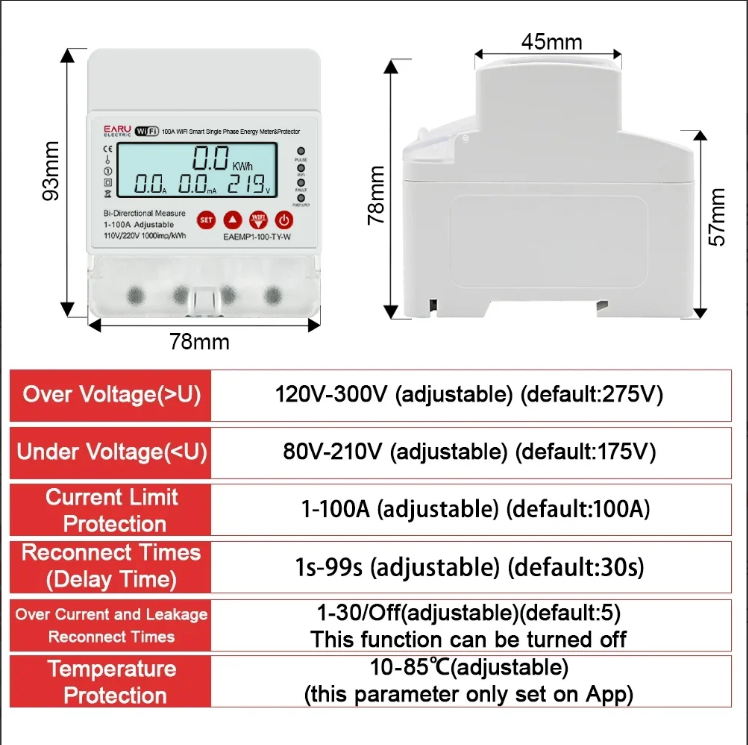 100A Tuya WiFi Smart Single Phase Energy Meter