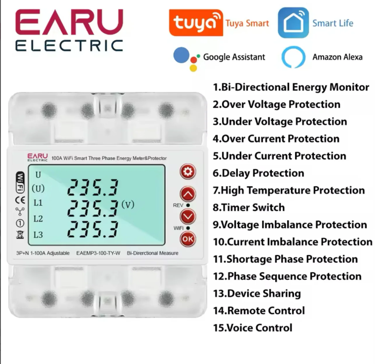 3 Phase 380V 100A Tuya WiFi Smart Bi-Directional Energy Power kWh Meter Over Under Voltage Protector Relay Switch Current Limit