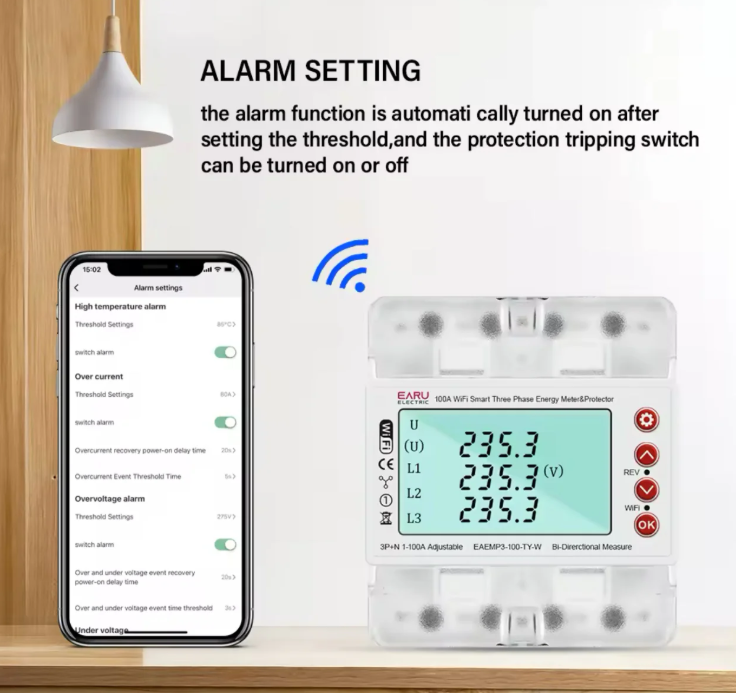 3 Phase 380V 100A Tuya WiFi Smart Bi-Directional Energy Power kWh Meter Over Under Voltage Protector Relay Switch Current Limit