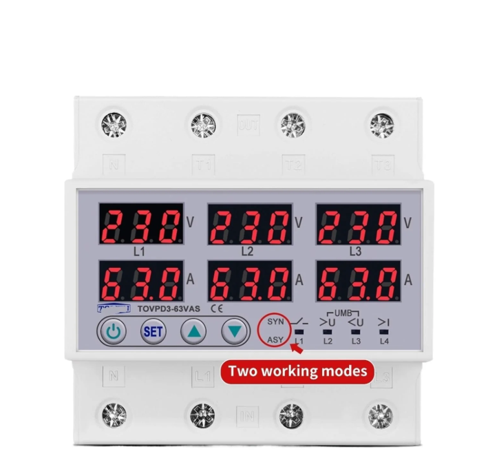 3 Phase 63A 100A Din rail adjustable Over Under Voltage current limit protection Relay Protector SYN ASYNC Synchronous Asynchronous