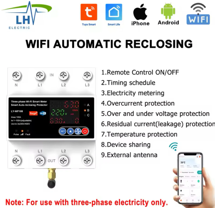 4P 100A Tuya WiFi Three Phase Smart Life Auto-Reclosing Over Under Voltage Protector Smart Meter Timer Switch Circuit Breaker
