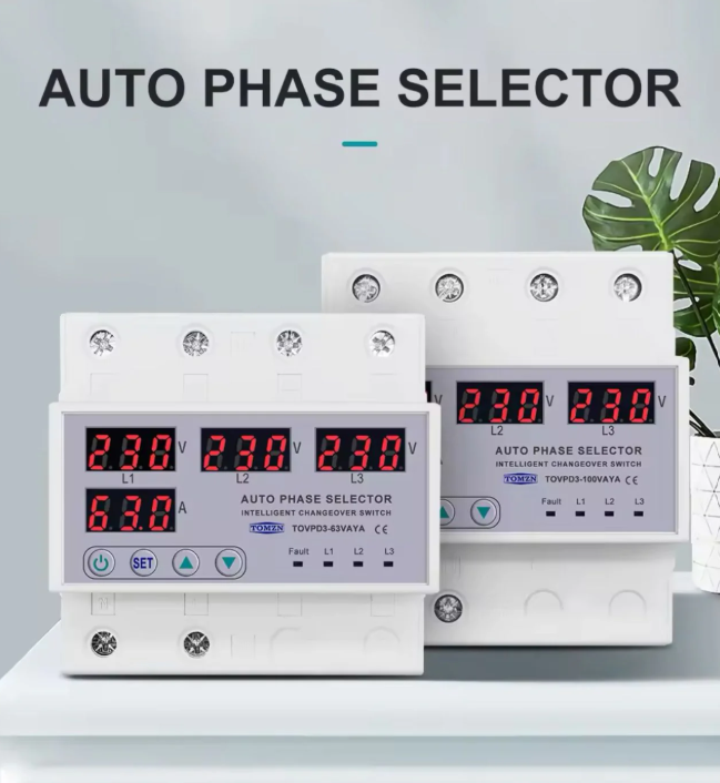63A 3 phase 3P+N Din rail Auto phase selector adjustable Over and Under Voltage current protection Monitor Relays Protector