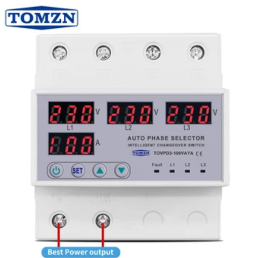 63A 3 phase 3P+N Din rail Auto phase selector adjustable Over and Under Voltage current protection Monitor Relays Protector