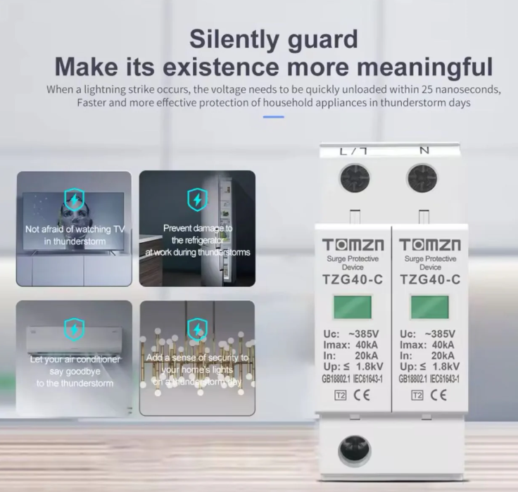 AC SPD 1P+N 20KA~40KA C ~385VAC House Surge Protector protection Protective Low-voltage Arrester Device