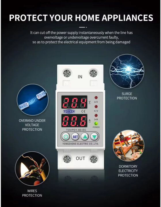 Din Rail Dual Display Adjustable Over Voltage Current and Under Voltage Protective Device Protector