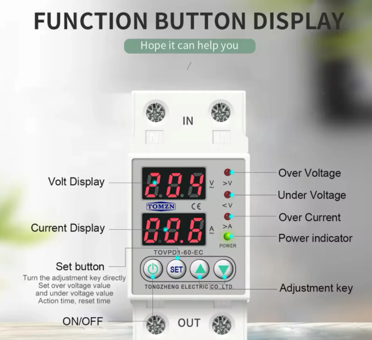 Din Rail Dual Display Adjustable Over Voltage Current and Under Voltage Protective Device Protector