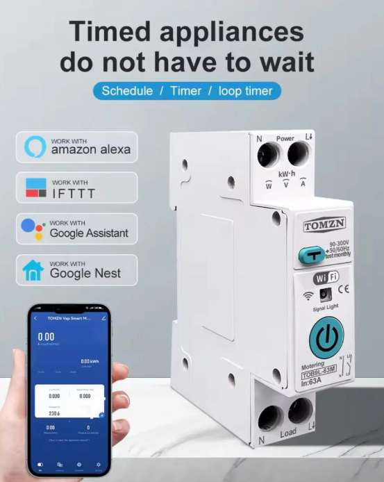 TOMZN Smart WiFi 10-in-1 63A Protector Switch – Overload, Voltage, Leakage Protected | Timer App Control