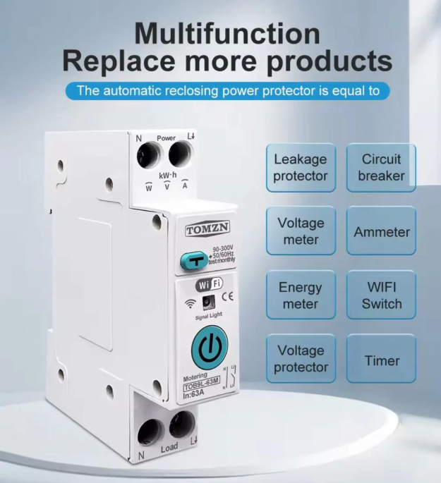TOMZN Smart WiFi 10-in-1 63A Protector Switch – Overload, Voltage, Leakage Protected | Timer App Control