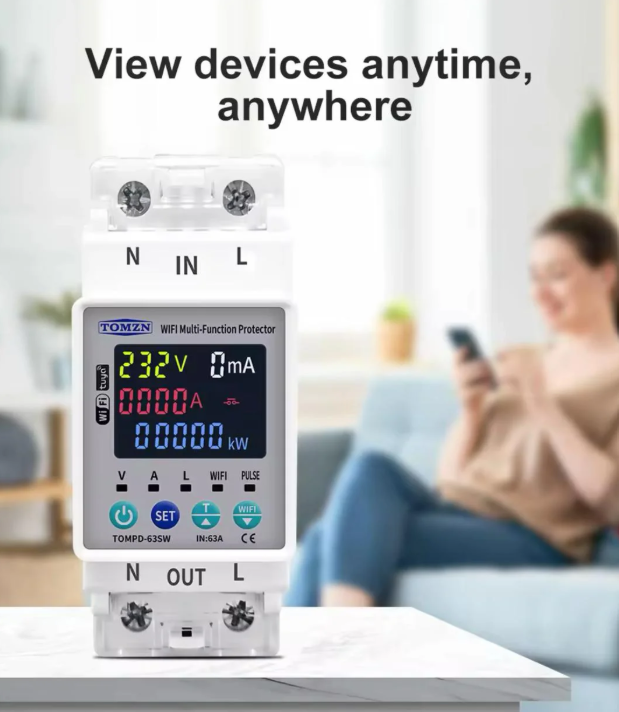 Tomzn TOMPD 63SW- 63A WIFI Protector with voltage current and leakage protection Mini 10in1