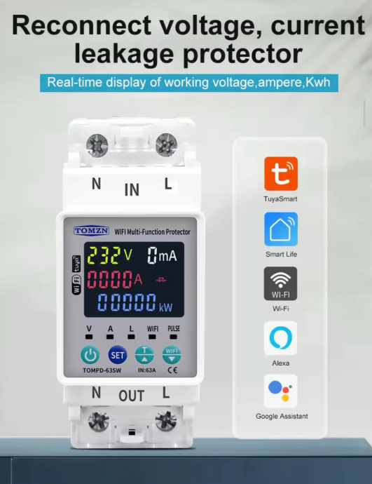 Tomzn TOMPD 63SW- 63A WIFI Protector with voltage current and leakage protection Mini 10in1
