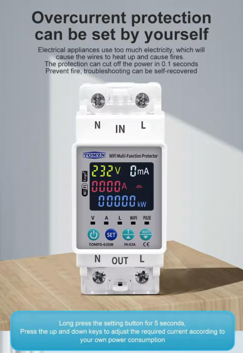 Tomzn TOMPD 63SW- 63A WIFI Protector with voltage current and leakage protection Mini 10in1