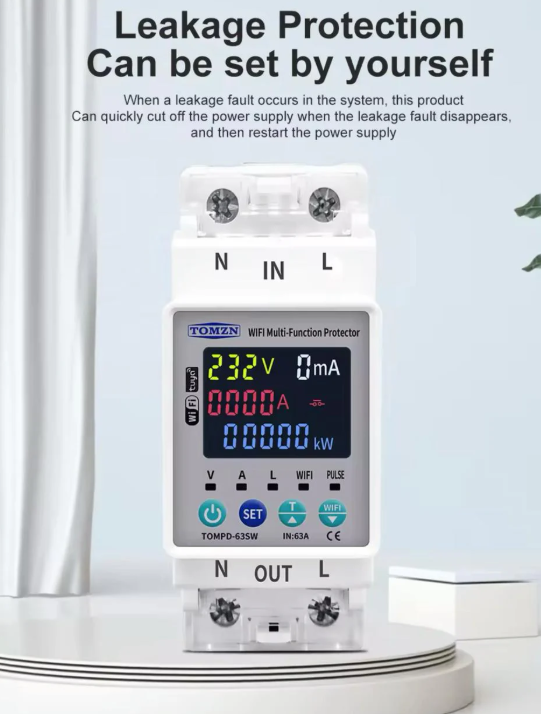 Tomzn TOMPD 63SW- 63A WIFI Protector with voltage current and leakage protection Mini 10in1