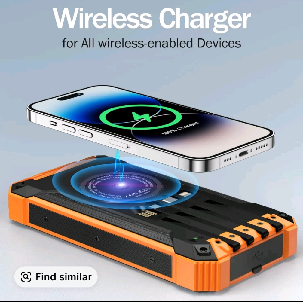 GNC W22 Solar Power Bank: 15W fast charging, 4 built-in cables, 6 outputs, 3 inputs, solar charging, dual flashlights, carabiner, fits all devices.