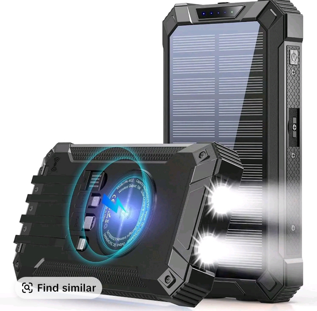 GNC W22 Solar Power Bank: 15W fast charging, 4 built-in cables, 6 outputs, 3 inputs, solar charging, dual flashlights, carabiner, fits all devices.