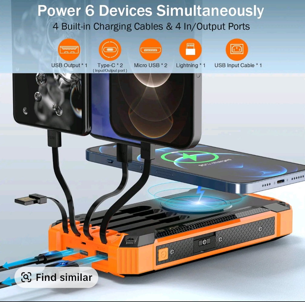GNC W22 Solar Power Bank: 15W fast charging, 4 built-in cables, 6 outputs, 3 inputs, solar charging, dual flashlights, carabiner, fits all devices.