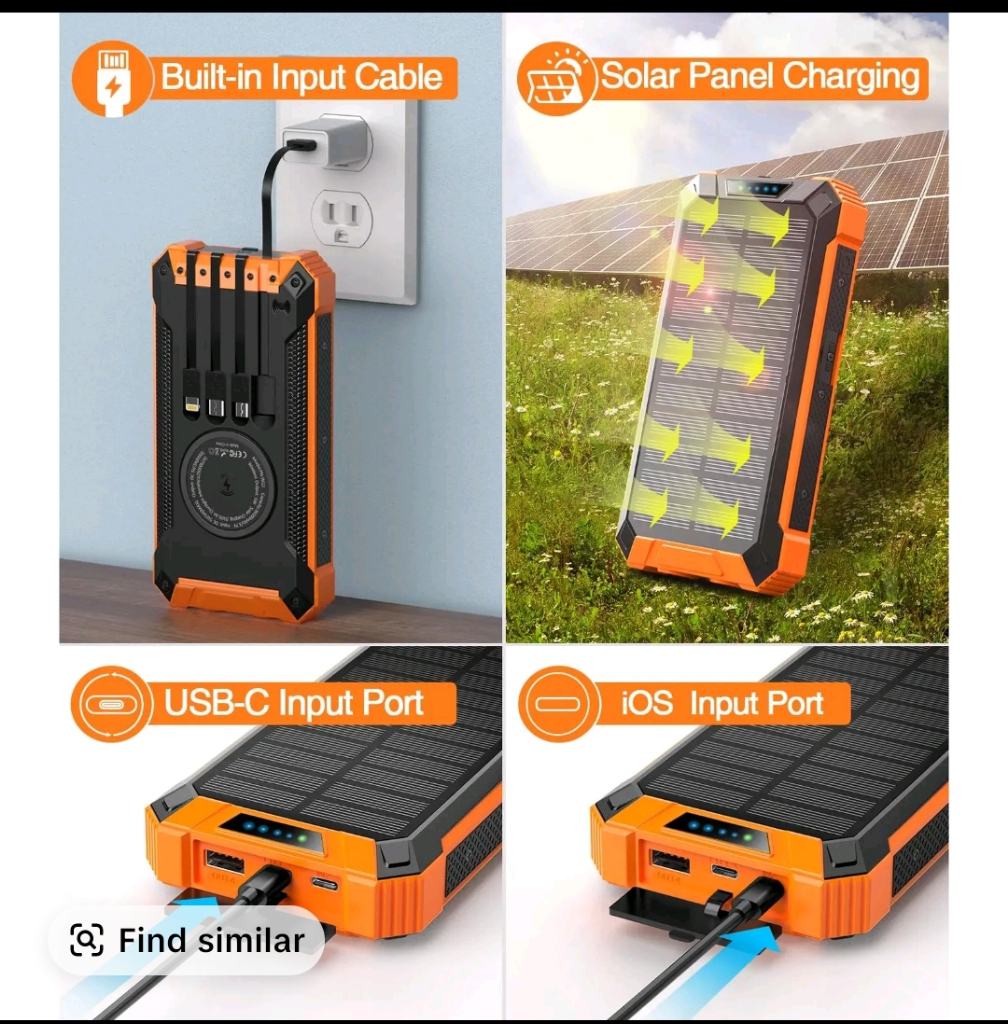 GNC W22 Solar Power Bank: 15W fast charging, 4 built-in cables, 6 outputs, 3 inputs, solar charging, dual flashlights, carabiner, fits all devices.